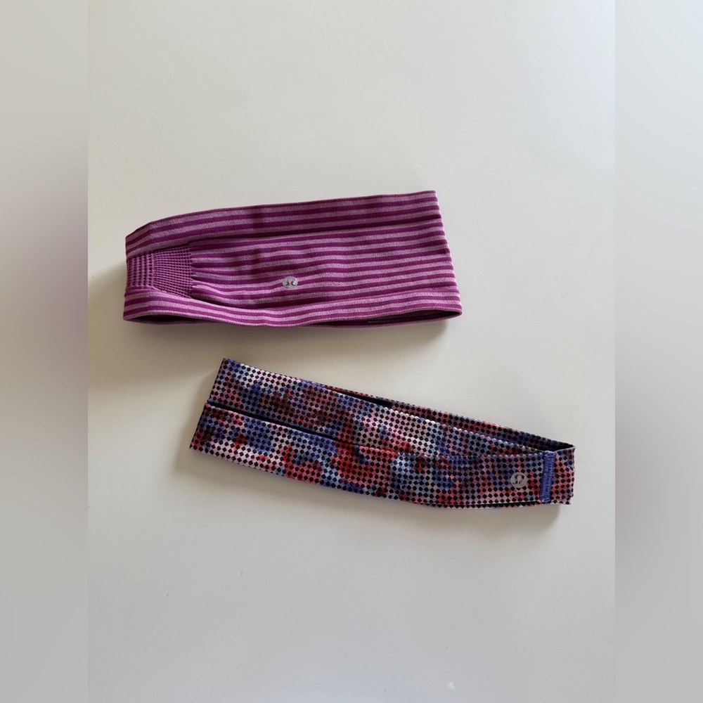 Lululemon- Headband-Headbands-Lot of 2-Purple-Stripe-Sweat it Out-Checker Blooms